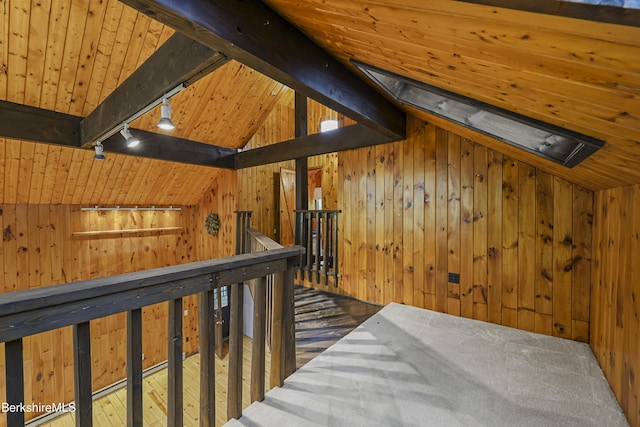 377 Highland Way, Sandisfield, MA 01255 - hallway with an upstairs landing, wooden walls, track lighting, wood ceiling, and wood-type flooring