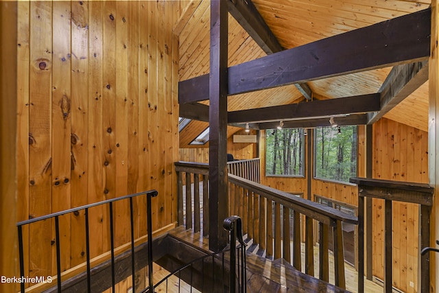 377 Highland Way, Sandisfield, MA 01255 - hallway featuring wood walls, wooden ceiling, and an upstairs landing