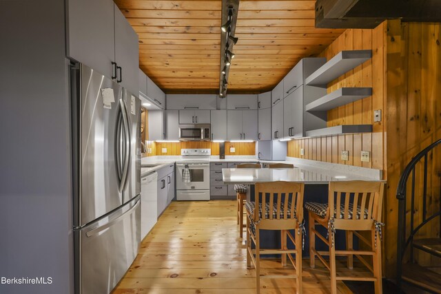 377 Highland Way, Sandisfield, MA 01255 - kitchen featuring stainless steel appliances, track lighting, open shelves, a peninsula, and light wood-type flooring