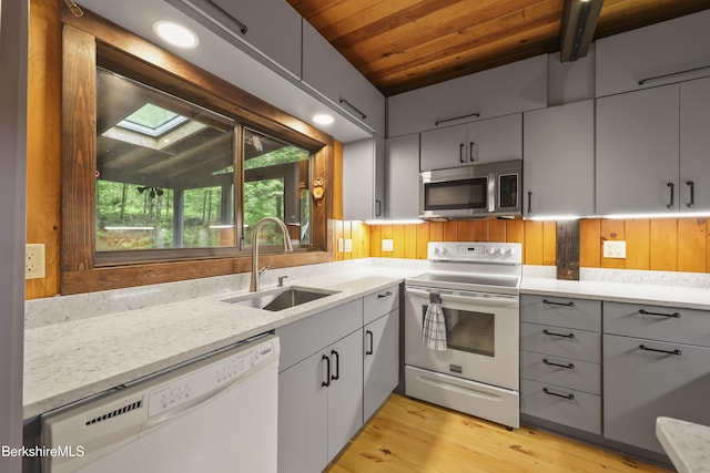 377 Highland Way, Sandisfield, MA 01255 - kitchen with white appliances, wood ceiling, gray cabinets, light wood-style flooring, and a skylight