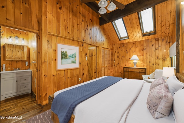 377 Highland Way, Sandisfield, MA 01255 - bedroom with a skylight, wooden walls, dark wood finished floors, high vaulted ceiling, and beam ceiling