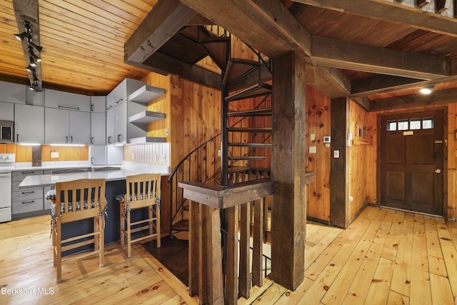 377 Highland Way, Sandisfield, MA 01255 - kitchen featuring wooden ceiling, stainless steel microwave, light wood-type flooring, wood walls, and open shelves