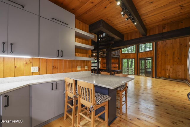 377 Highland Way, Sandisfield, MA 01255 - kitchen featuring rail lighting, open shelves, a wood ceiling with exposed beams, gray cabinets, and wood walls
