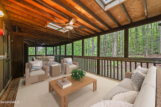 377 Highland Way, Sandisfield, MA 01255 - sunroom featuring a skylight, a ceiling fan, outdoor lounge area, and lofted ceiling