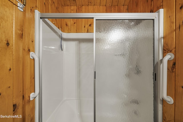 377 Highland Way, Sandisfield, MA 01255 - full bathroom with a shower with door and wood walls