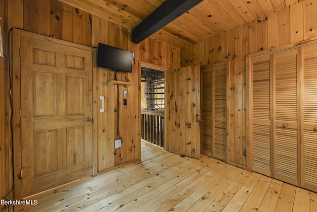 377 Highland Way, Sandisfield, MA 01255 - unfurnished bedroom with wooden walls, hardwood / wood-style flooring, and a wooden ceiling with exposed beams
