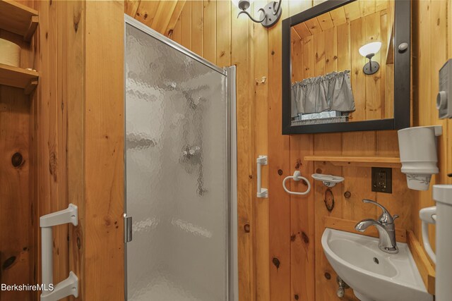 377 Highland Way, Sandisfield, MA 01255 - full bathroom with a shower stall and wooden walls