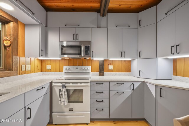 377 Highland Way, Sandisfield, MA 01255 - kitchen featuring white range with electric cooktop, stainless steel microwave, a wood ceiling with exposed beams, and gray cabinets