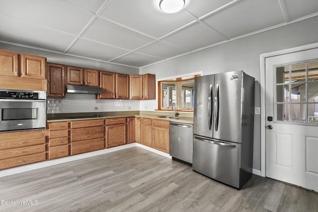 kitchen featuring light wood-style flooring, a sink, under cabinet range hood, tasteful backsplash, and stainless steel appliances