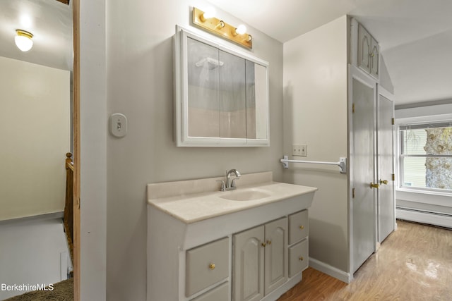 bathroom featuring wood finished floors, vanity, and baseboards