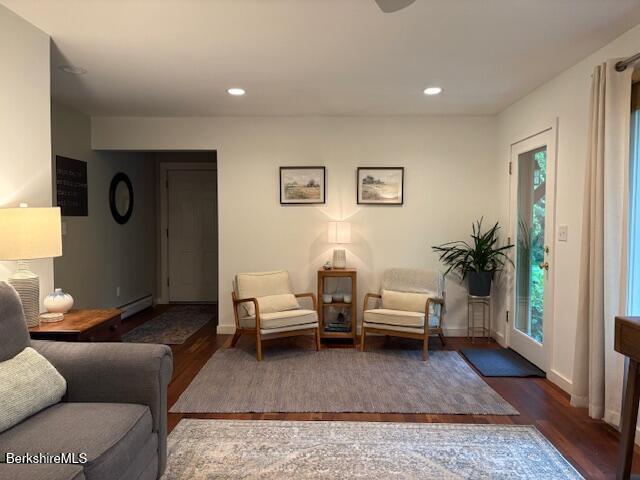 188 Hillsdale Rd, Egremont, MA 01230 - living room with wood finished floors, a baseboard radiator, recessed lighting, and baseboards