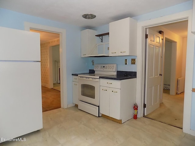 350 Laurel St, Lee, MA 01238 - kitchen featuring white appliances, white cabinets, dark countertops, radiator, and light floors