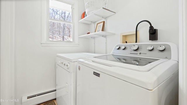 laundry room with independent washer and dryer, laundry area, and baseboard heating