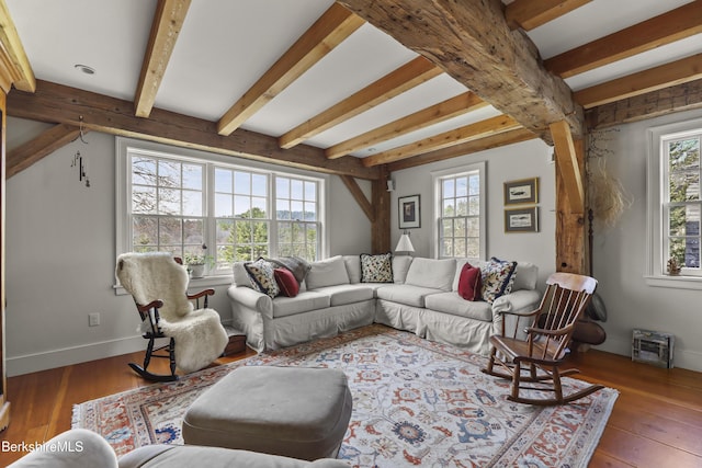 16 Glendale Middle Rd, Stockbridge, MA 01262 - living room featuring healthy amount of natural light, beam ceiling, hardwood / wood-style floors, and baseboards