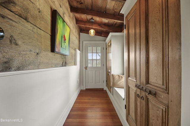 16 Glendale Middle Rd, Stockbridge, MA 01262 - entryway featuring wooden ceiling, hardwood / wood-style flooring, and baseboards