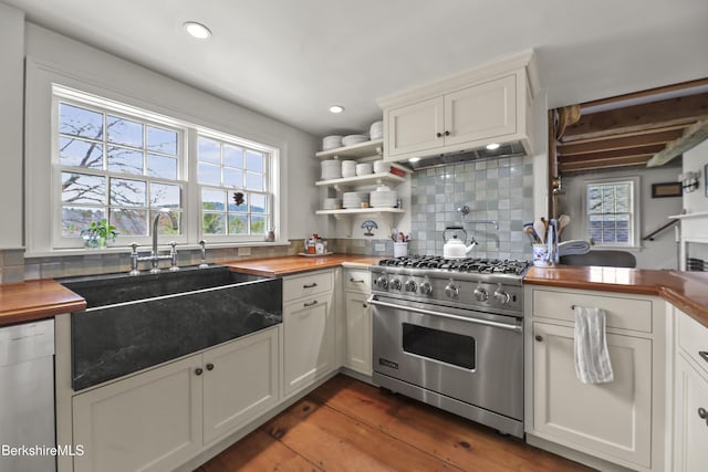 16 Glendale Middle Rd, Stockbridge, MA 01262 - kitchen featuring premium stove, butcher block counters, a sink, backsplash, and recessed lighting