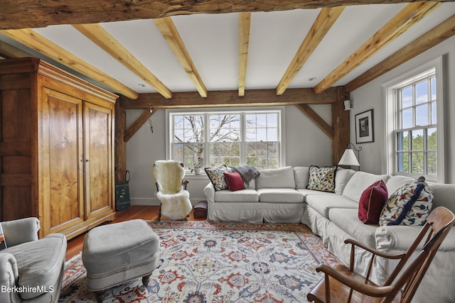 16 Glendale Middle Rd, Stockbridge, MA 01262 - living room featuring healthy amount of natural light, wood finished floors, beam ceiling, and baseboards