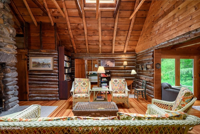 411 Bressett Rd, Williamstown, MA 01267 - living area featuring wooden ceiling, log walls, and hardwood / wood-style flooring