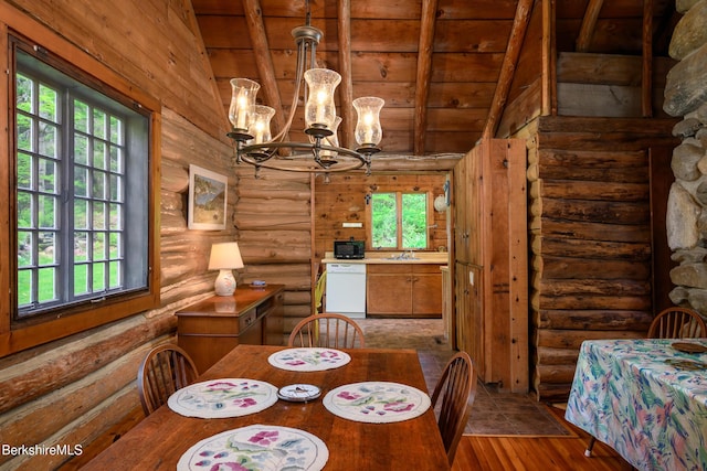 411 Bressett Rd, Williamstown, MA 01267 - dining space with log walls, a chandelier, wood ceiling, and wood-type flooring