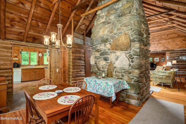 411 Bressett Rd, Williamstown, MA 01267 - dining space featuring wood ceiling with exposed beams, log walls, a chandelier, high vaulted ceiling, and light wood-type flooring