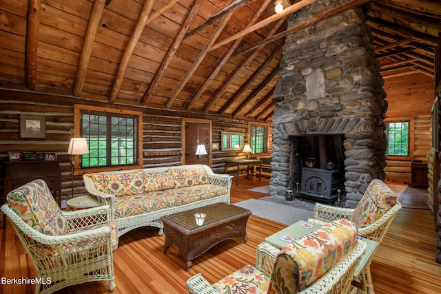 411 Bressett Rd, Williamstown, MA 01267 - living area featuring log walls, hardwood / wood-style floors, wooden ceiling with exposed beams, high vaulted ceiling, and a wood stove