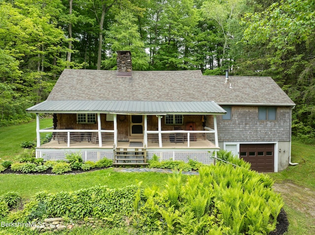411 Bressett Rd, Williamstown, MA 01267 - view of front of house featuring roof with shingles, a porch, an attached garage, a chimney, and dirt driveway
