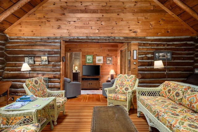 411 Bressett Rd, Williamstown, MA 01267 - living room with rustic walls, wooden ceiling, hardwood / wood-style flooring, and wooden walls