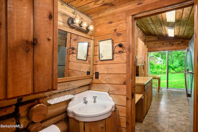 411 Bressett Rd, Williamstown, MA 01267 - bathroom featuring wooden ceiling, wood walls, vanity, and vaulted ceiling