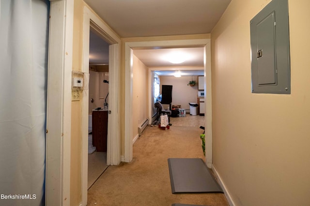 1057 Main St, Great Barrington, MA 01236 - hallway featuring electric panel, baseboard heating, and light carpet