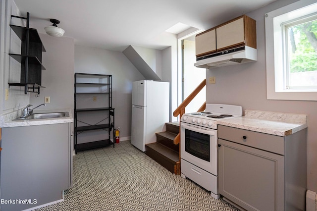 1057 Main St, Great Barrington, MA 01236 - kitchen with white appliances, under cabinet range hood, a sink, gray cabinets, and open shelves