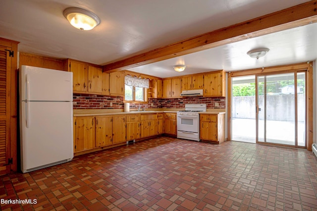 1057 Main St, Great Barrington, MA 01236 - kitchen featuring white appliances, light countertops, brick patterned floors, exhaust hood, and healthy amount of natural light