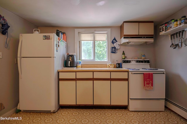 1057 Main St, Great Barrington, MA 01236 - kitchen featuring white appliances, under cabinet range hood, a baseboard radiator, cream cabinets, and light countertops