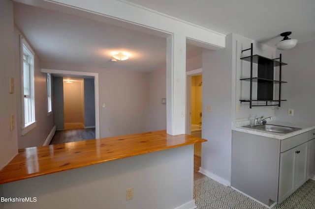 1057 Main St, Great Barrington, MA 01236 - kitchen with a sink, butcher block counters, baseboard heating, baseboards, and gray cabinets