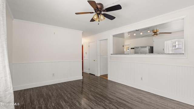 85 Wilson St, Pittsfield, MA 01201 - unfurnished living room featuring a ceiling fan, crown molding, wood finished floors, and a wainscoted wall