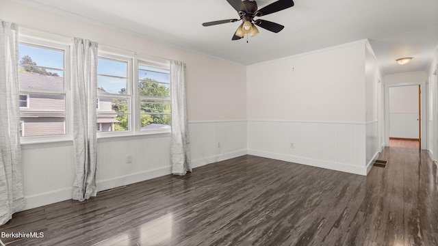 85 Wilson St, Pittsfield, MA 01201 - empty room with wood finished floors, wainscoting, crown molding, and ceiling fan