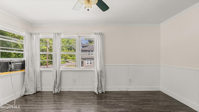 85 Wilson St, Pittsfield, MA 01201 - empty room with wood finished floors, a ceiling fan, a wainscoted wall, crown molding, and cooling unit