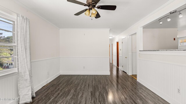 85 Wilson St, Pittsfield, MA 01201 - empty room featuring wainscoting, wood finished floors, a ceiling fan, and ornamental molding