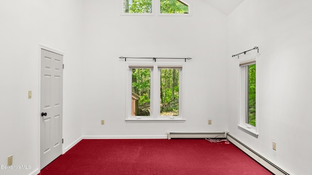 889 George Carter Rd, Becket, MA 01223 - empty room with a baseboard radiator, carpet, high vaulted ceiling, and healthy amount of natural light