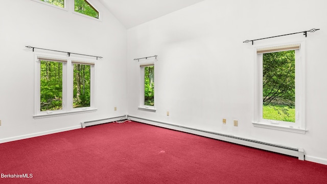 889 George Carter Rd, Becket, MA 01223 - carpeted spare room featuring healthy amount of natural light, high vaulted ceiling, and baseboard heating