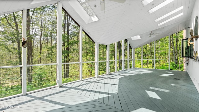 889 George Carter Rd, Becket, MA 01223 - unfurnished sunroom featuring a skylight, ceiling fan, and lofted ceiling