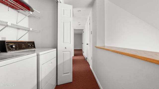 889 George Carter Rd, Becket, MA 01223 - laundry area featuring washer and clothes dryer and dark colored carpet