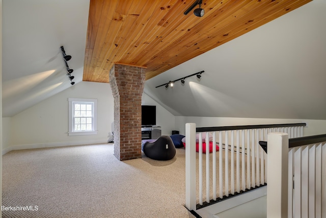 additional living space featuring carpet, baseboards, and lofted ceiling