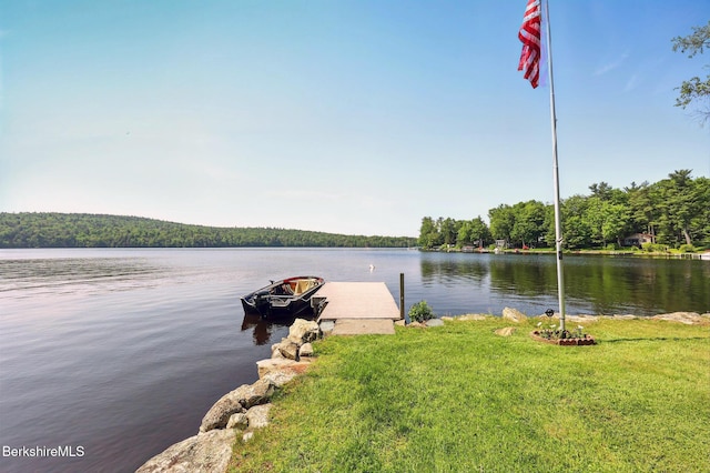 191 Moreau Rd, Tolland, MA 01034 - water view featuring a dock and a heavily wooded area