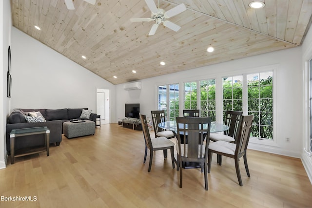 dining room with light wood-type flooring, wood ceiling, ceiling fan, a wall mounted AC, and high vaulted ceiling