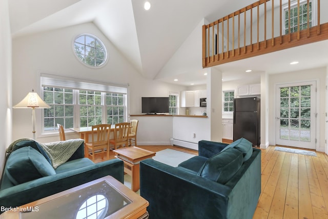 living room featuring light hardwood / wood-style floors, a wealth of natural light, and a baseboard radiator