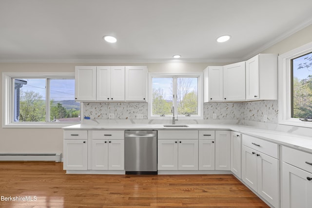 149 Wilshire Dr, Cheshire, MA 01225 - kitchen featuring a sink, a baseboard heating unit, crown molding, white cabinets, and stainless steel dishwasher