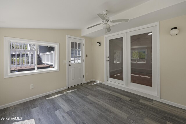 149 Wilshire Dr, Cheshire, MA 01225 - unfurnished room featuring vaulted ceiling, baseboards, dark wood-style flooring, and a ceiling fan