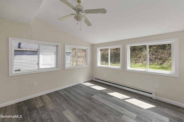149 Wilshire Dr, Cheshire, MA 01225 - empty room featuring lofted ceiling, wood finished floors, a baseboard radiator, ceiling fan, and baseboards