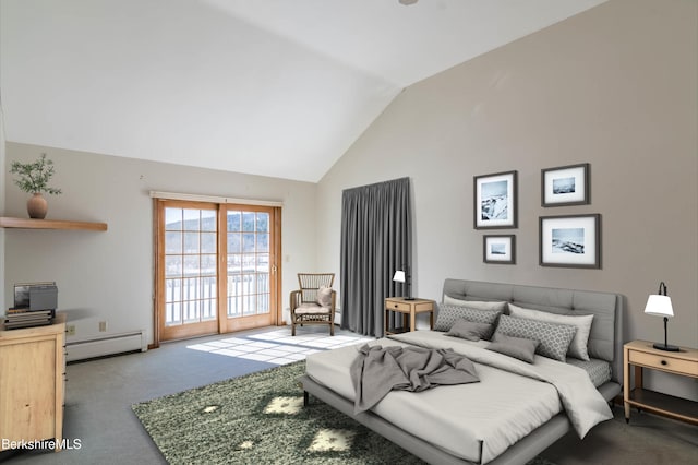 1166 Rannapo Rd, Sheffield, MA 01257 - carpeted bedroom with a baseboard heating unit, access to outside, and high vaulted ceiling