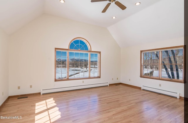 1166 Rannapo Rd, Sheffield, MA 01257 - unfurnished living room with a baseboard heating unit, vaulted ceiling, a ceiling fan, healthy amount of natural light, and recessed lighting